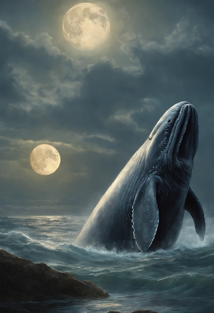 Huge gray whale (anatomically correct drawn body) , lets out a fountain, full moon, a starry sky, Raging Ocean, Magnetic storms, Jean-Baptiste Monge, anthropomorphic --ar 2:3 --testp -optimistic;