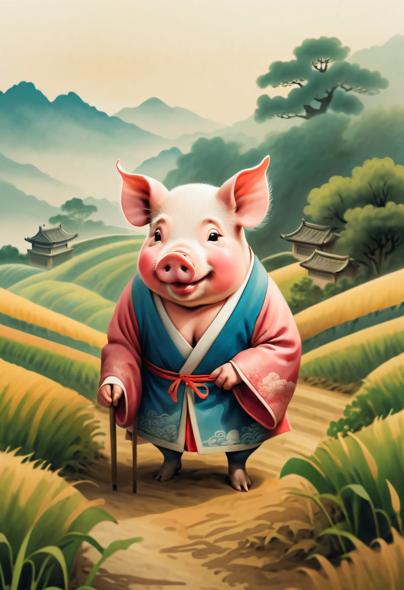 Farm life，Anthropomorphic pigs，ancient Chinese costume，Pigs working in the fields，Use the highest quality farm equipment possible, A high resolution, Focus sharp, vibrant with colors, gentlesoftlighting，Classical Chinese novels《Trip》Funny illustrations of Chinese people：Ink painting style，