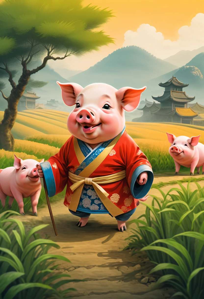 Farm life,Anthropomorphic pigs,ancient Chinese costume,Pigs working in the fields,Use the highest quality farm equipment possible, A high resolution, Focus sharp, vibrant with colors, gentlesoftlighting,Classical Chinese novels《Trip》Funny illustrations of Chinese people:Ink painting style,