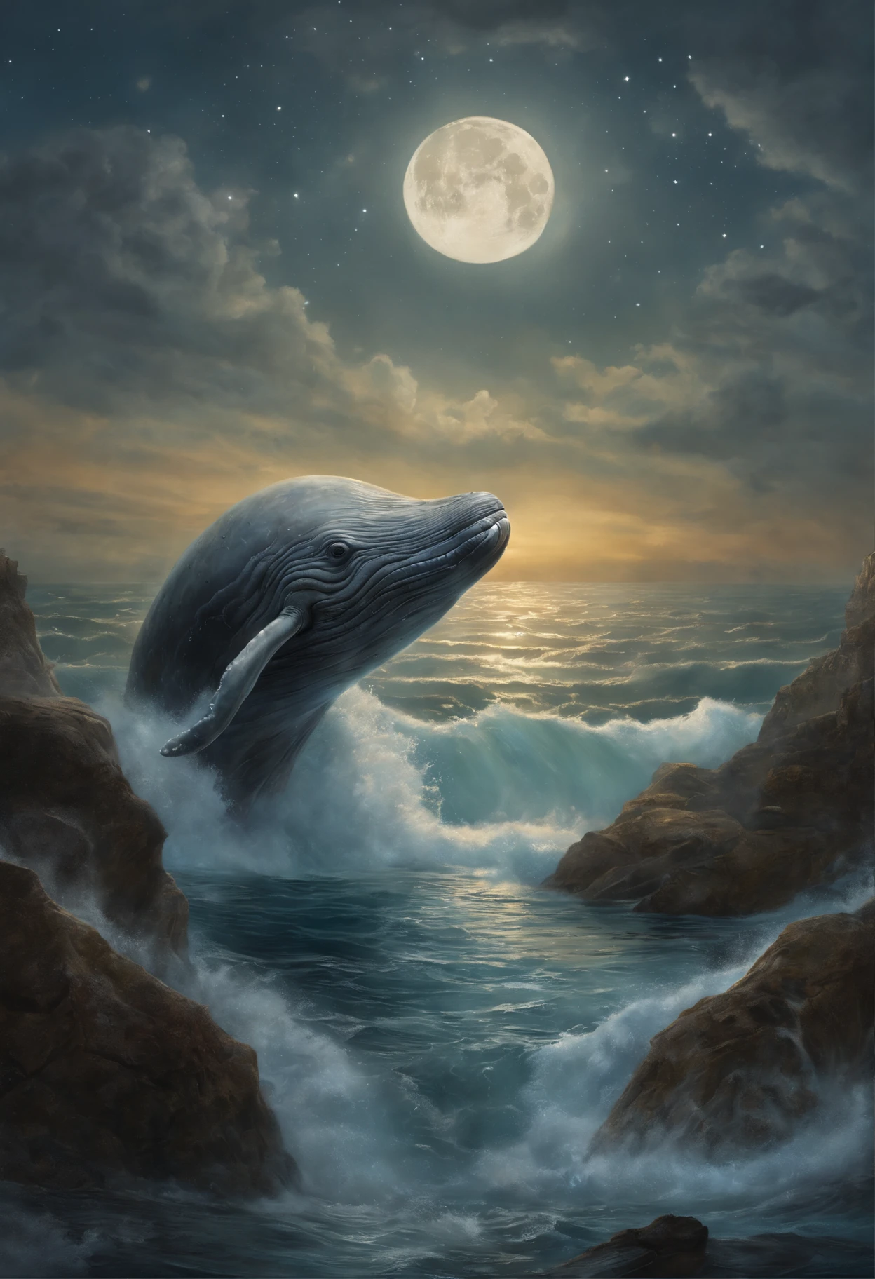 Huge gray whale (anatomically correct drawn body) , lets out a fountain, full moon, a starry sky, Raging Ocean, Magnetic storms, Jean-Baptiste Monge, anthropomorphic --ar 2:3 --testp -optimistic;