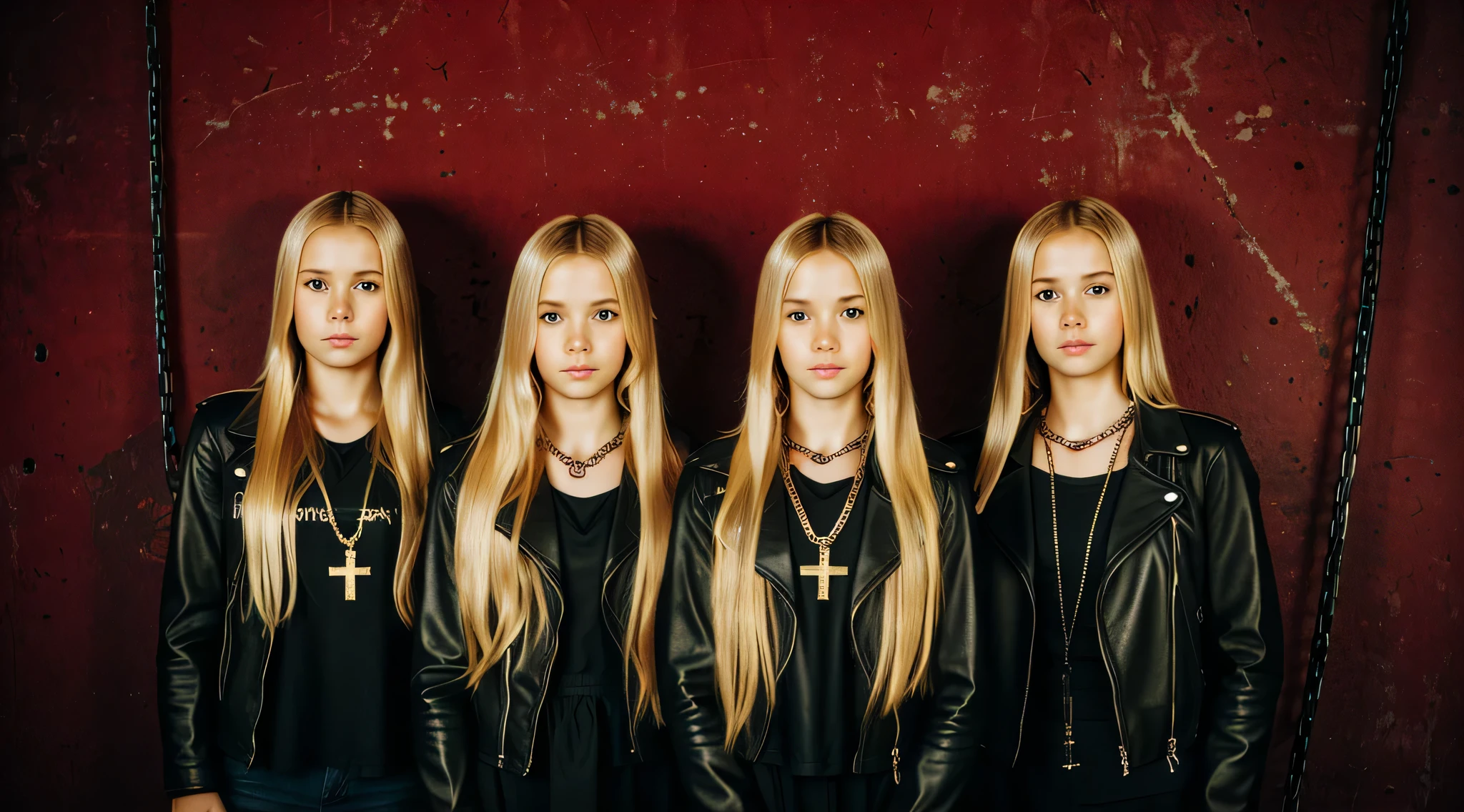 A half body, portrait of 3 girls German children long blonde hair of 12 years, red leather jackets, holding in their hands a cross, background of chains, chain, more chains, many chains, , red, red fire, many background flames.