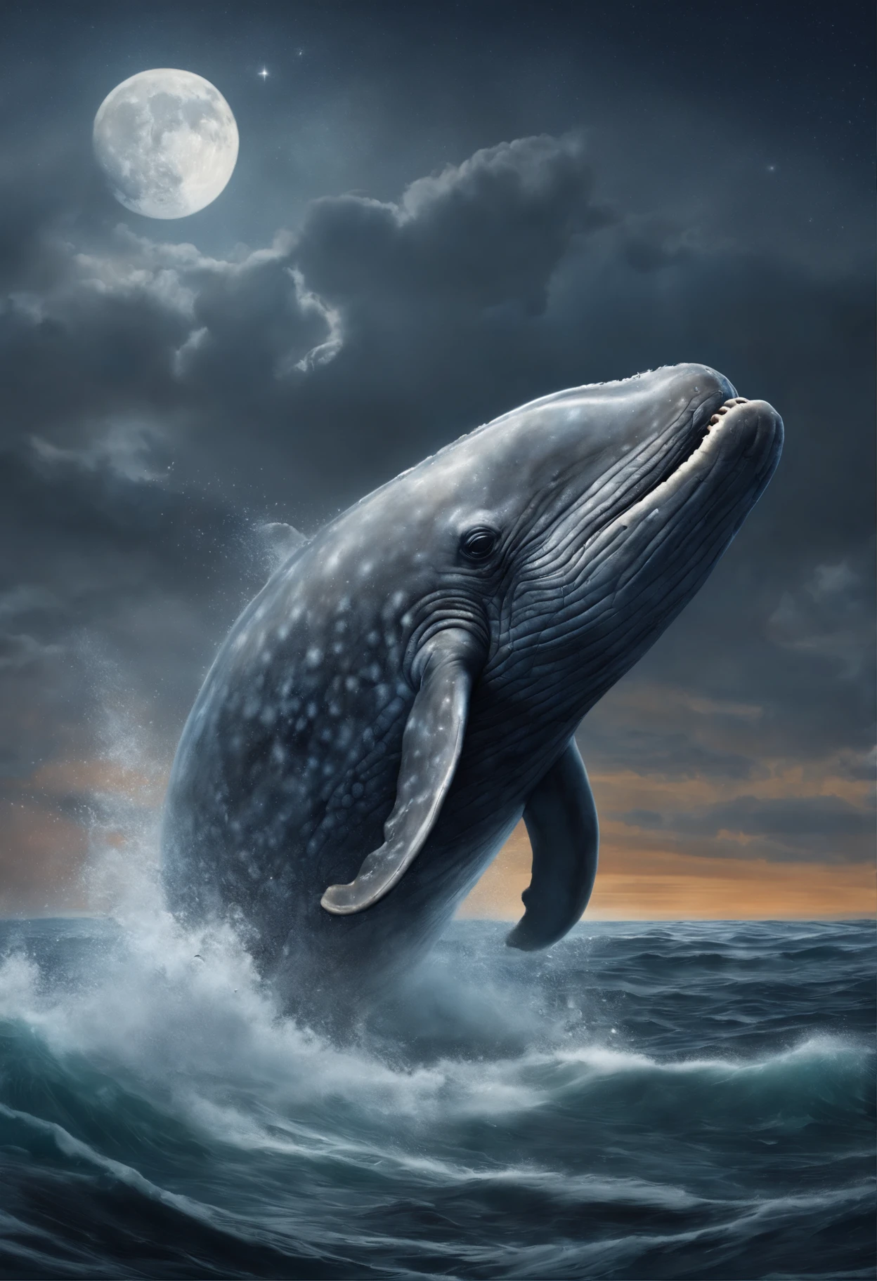 Huge gray whale (anatomically correct drawn body) , lets out a fountain, full moon, a starry sky, Raging Ocean, Magnetic storms, Jean-Baptiste Monge, anthropomorphic --ar 2:3 --testp -optimistic;