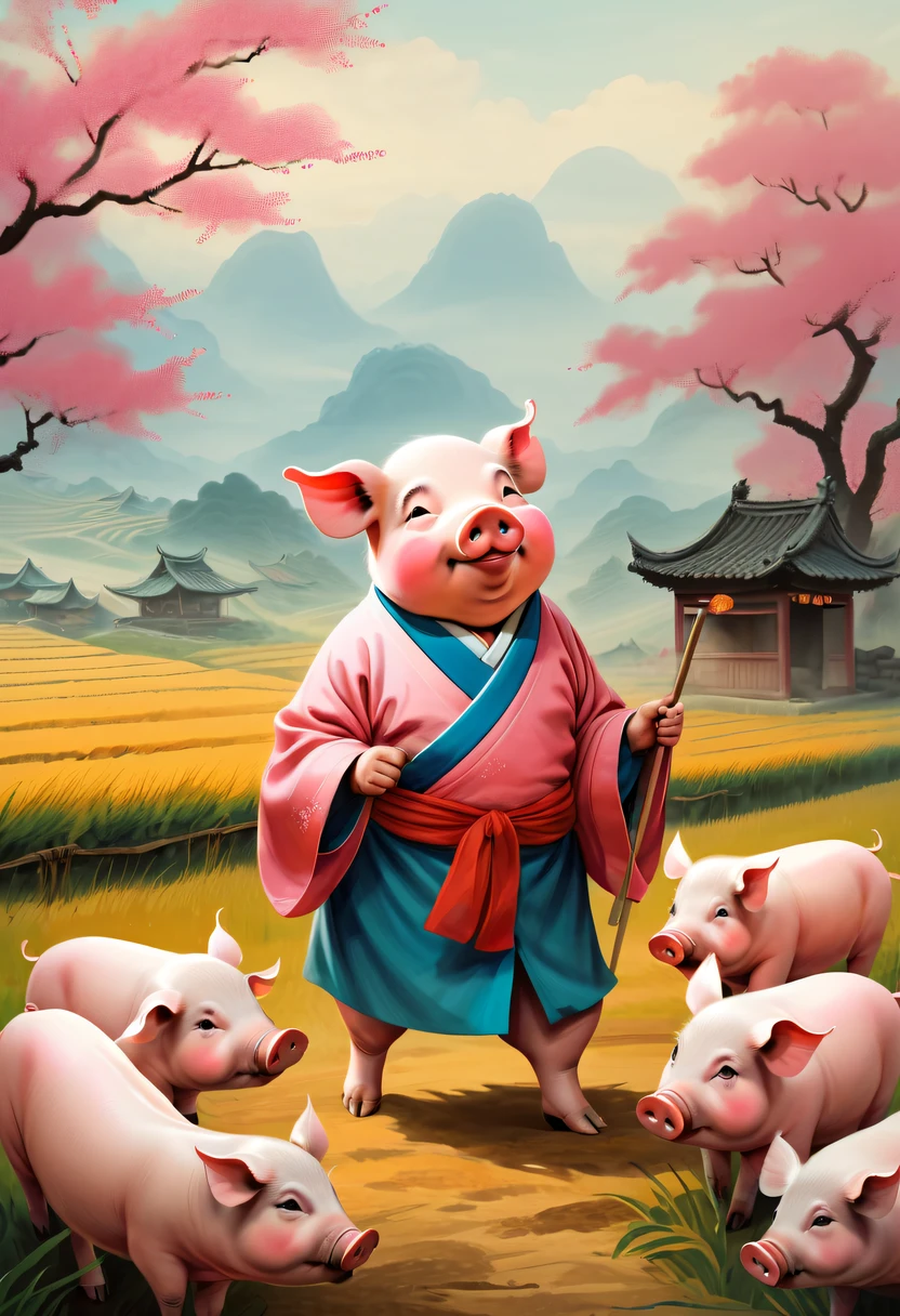 Farm life,Anthropomorphic pigs,ancient Chinese costume,Pigs working in the fields,Use the highest quality farm equipment possible, A high resolution, Focus sharp, vibrant with colors, gentlesoftlighting,Classical Chinese novels《Trip》Funny illustrations of Chinese people:Ink painting style,