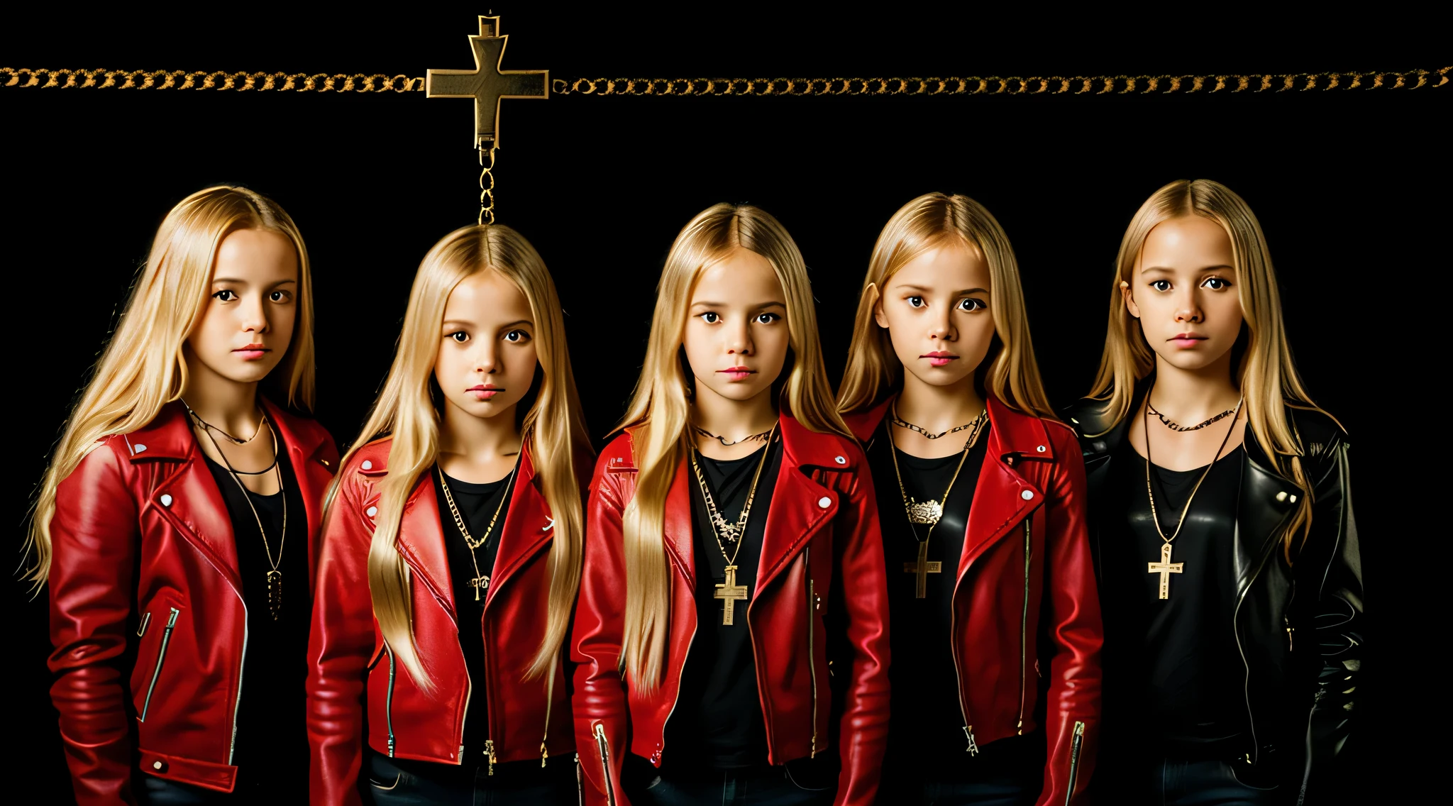 A half body, portrait of 3 girls German children long blonde hair of , red leather jackets, holding in their hands a cross, background of chains, chain, more chains, many chains, , red, red fire, many background flames.