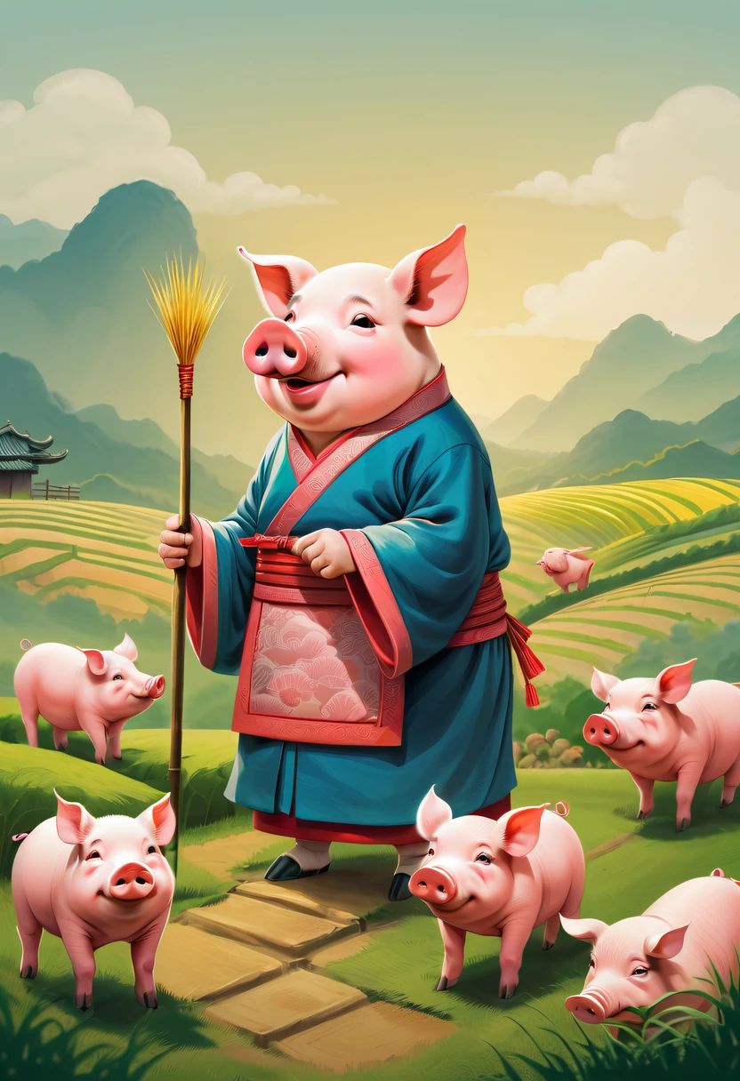 Farm life，Anthropomorphic pigs，ancient Chinese costume，Pigs working in the fields，Use the highest quality farm equipment possible, A high resolution, Focus sharp, vibrant with colors, gentlesoftlighting，Classical Chinese novels《Trip》Funny illustrations of Chinese people：Ink painting style，