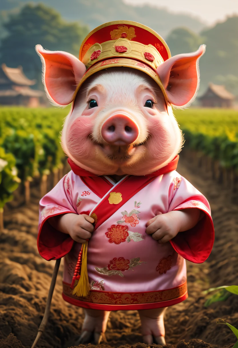 Farm life,Anthropomorphic pigs,ancient Chinese costume,Pigs working in the fields,Use the highest quality farm equipment possible, A high resolution, Focus sharp, vibrant with colors, gentlesoftlighting