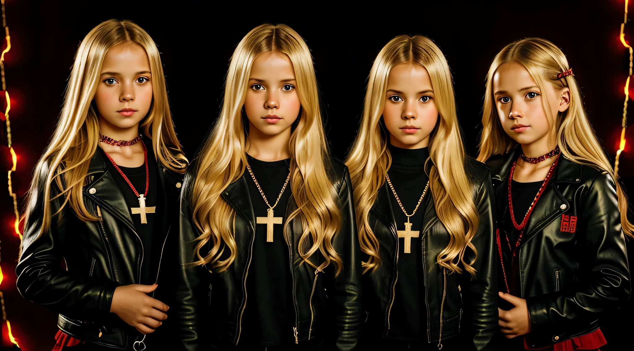 A half body, portrait of 3 girls German children long blonde hair of , red leather jackets, holding in their hands a cross, background of chains, chain, more chains, many chains, , red, red fire, many background flames.