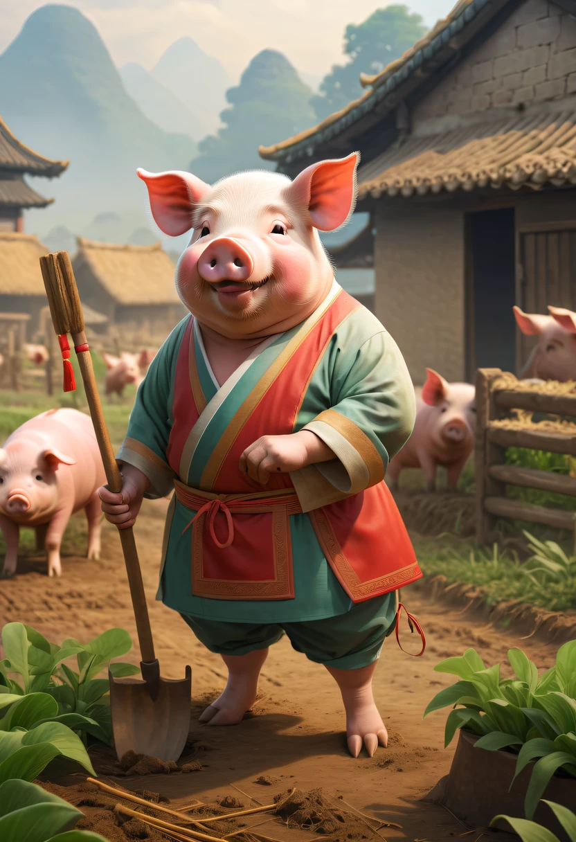 Farm life,Anthropomorphic pigs,ancient Chinese costume,Pigs working in the fields,Use farm tools,