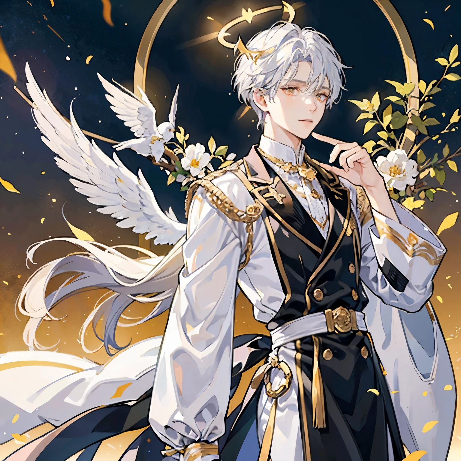 He is a Dominion Angel. He has pure white hair. His hair is moderate in length and very thick. He wears bells in his hair. He has orange eyes. He is tall. He has Large white wings with golden tips and a pair of small golden wings and white tips. His halo is an intense black, man