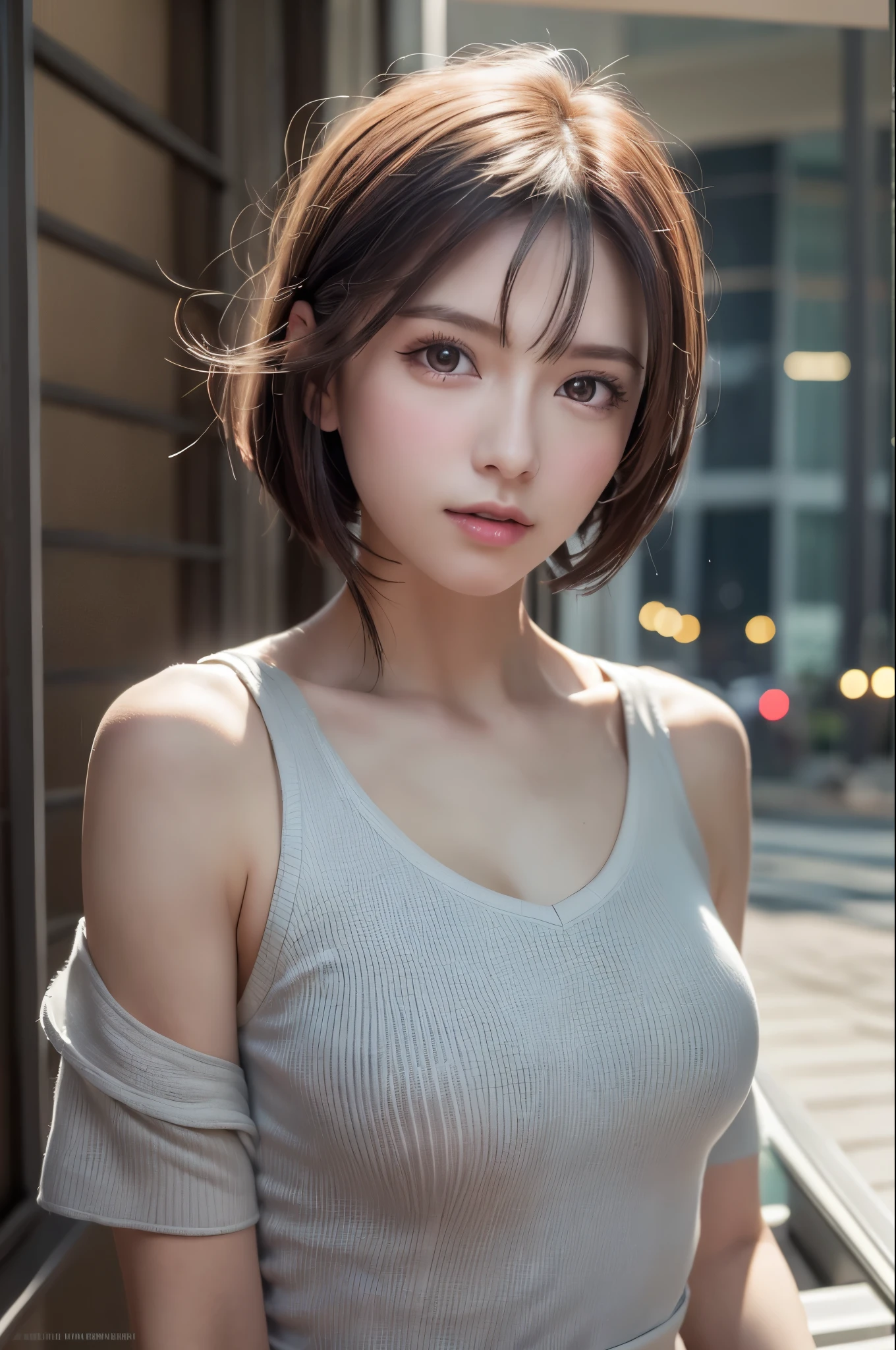 (8K, Photorealistic, Raw photo, of the highest quality: 1.3), (1girl in), Super beautiful, (Realistic face), (boyish, Silver Color Berry Shorthair), Beautiful , Glare that captivates the viewer, Beautiful expression, Beautiful breasts, (Realistic skin), Be...