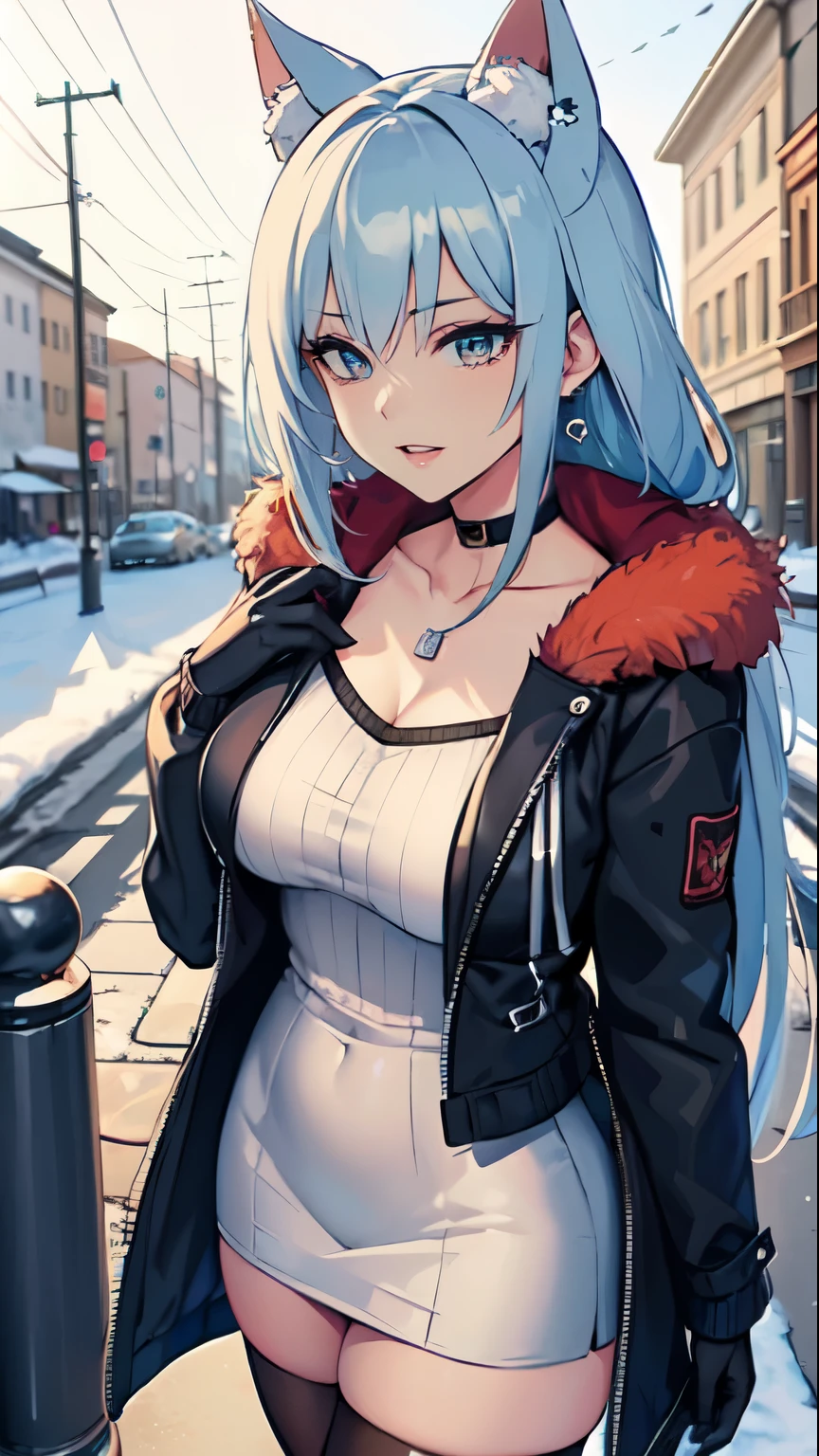 Masterpiece, beautiful art, professional artist, 8k, art style by sciamano240, very detailed face, very detailed hair, very detailed clothes, 1girl, perfectly drawn body, beautiful face, long hair, light blue hair , very detailed blue vertical cat eyes, square glasses, pouty lips , rosey cheeks, intricate details in eyes, extreme close up of face, see only head and neck, staring directly at viewer, wearing cute winter clothes, winter coat, sweater,necklace, choker, earrings, gloves, pencil skirt, black tigh boots, stockings,some freckles, big wide grin, in love with the viewer expression, morning winter setting, pov standing outside with viewer,