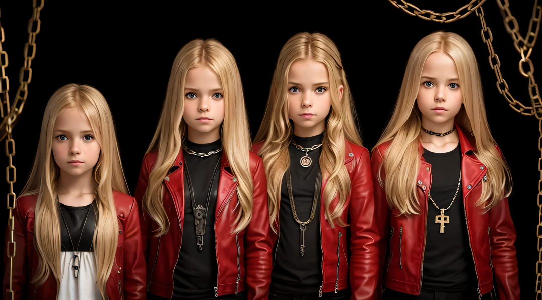 A half body, portrait of 3 girls German children long blonde hair of , red leather jackets, holding in their hands a cross, background of chains, chain, more chains, many chains, , red, red fire, many background flames.