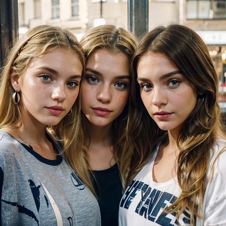 London girls, beide blauen Augen, one girl is blonde, Overweight girl is brunette, brunette with white stripes, The brunette hair is curly, The brunette girl has skinny ones, hochgezogene Augenbrauen, Blonde girl has normal thin eyebrows, Haut schlecht und mit ein paar kleinen Pickeln, beautiful friends, Blonde girl has freckles,
The blonde girl'Die Haare sind glatt, The brunette girl's Haare sind lockig, Blonde girl wears red lipstick, The brunette girl has natural lips, Both girls are slim. The brunette girl has a vintage clothing style, The blonde girl has a street clothes style, Blonde girl wears oversized clothes, Nike-Schuhe, Vans,
Blonde girl has earrings, Brunette girl with white stripes has a nostril piercing,
Harmonie, Musik, aesthetic, Natural makeup, nicht viele schminken sich,