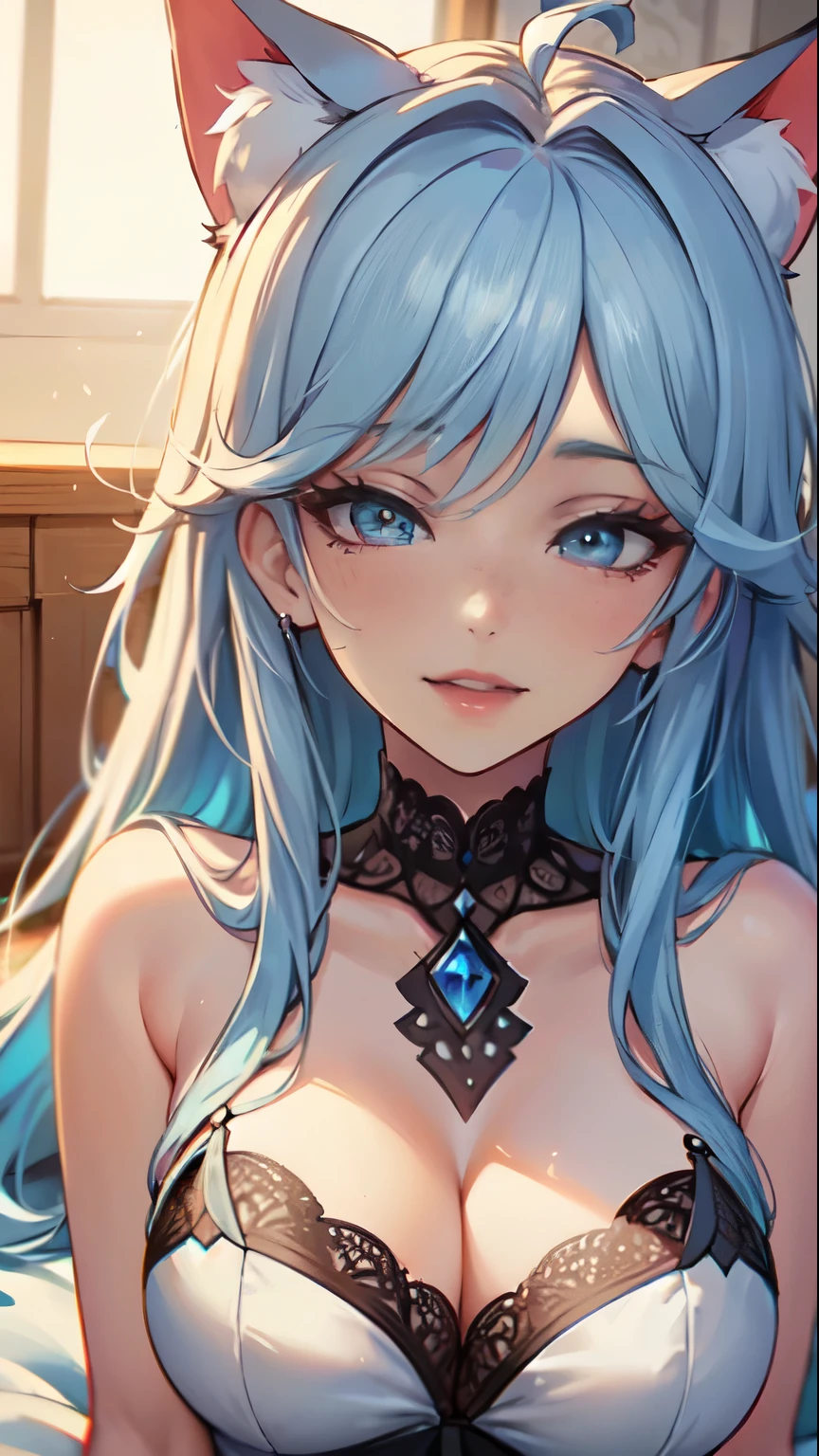 Masterpiece, high res, beautiful art, professional artist, 8k, art style by sciamano240, very detailed face, very detailed hair, 1girl, perfectly drawn body, beautiful face, long hair, light blue hair , very detailed blue vertical cat eyes, pouty lips , rosey cheeks, intricate details in eyes, extreme close up of face, see only head and neck, staring directly at viewer, wearing nightgown, some freckles, warm grin, in love with the viewer expression, early morning bedroon setting, pov sleeping on their side next to viewer,