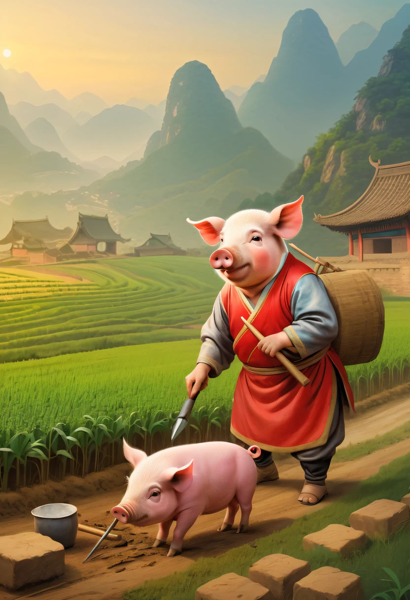 Farm life,Anthropomorphic pigs,ancient Chinese costume,Pigs working in the fields,Use tools,metal tools