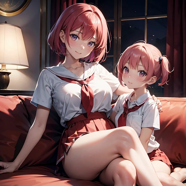(top-quality,High resolution,(Ultra high definition,4K), (超A high resolution,in 8K),masutepiece:1.2), (Perfect Anatomy,Anatomically accurate), (Angle from below), (Soft lighting, rendered), ((cute mother and daughter)), ((Sitting on a sofa in the lobby of a luxury hotel,Open legs left and right)), ((High School Sailor Uniform)), (Red lace panties), (fascinated expression), (Crisp double eyelids), (Large breasts:1.3), (Soft skin), (Photorealistic), (Glowing skin), (pinkhair), (Pixie Cut)