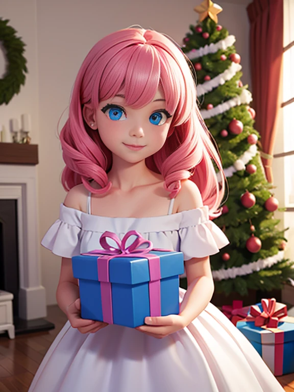 Super realistic 8K UHD image (((Masterpiece))), (((Best quality))), ((ultra definition)), of a beautiful and smiling 3d Disney girl, blue eyes. pink hair. little white dress, opening Christmas presents next to the tree in the living room, 1 excited girl, bright pretty face