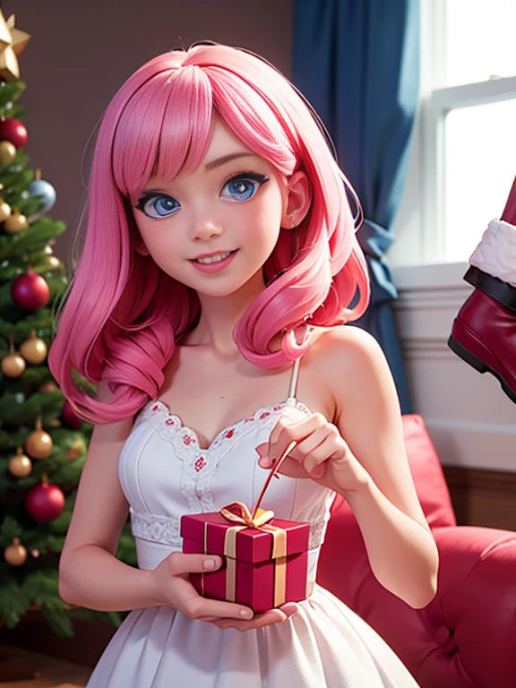 Super realistic 8K UHD image (((Masterpiece))), (((Best quality))), ((ultra definition)), of a beautiful and smiling 3d Disney girl, blue eyes. pink hair. little white dress, opening Christmas presents next to the tree in the living room, 1 excited girl, bright pretty face