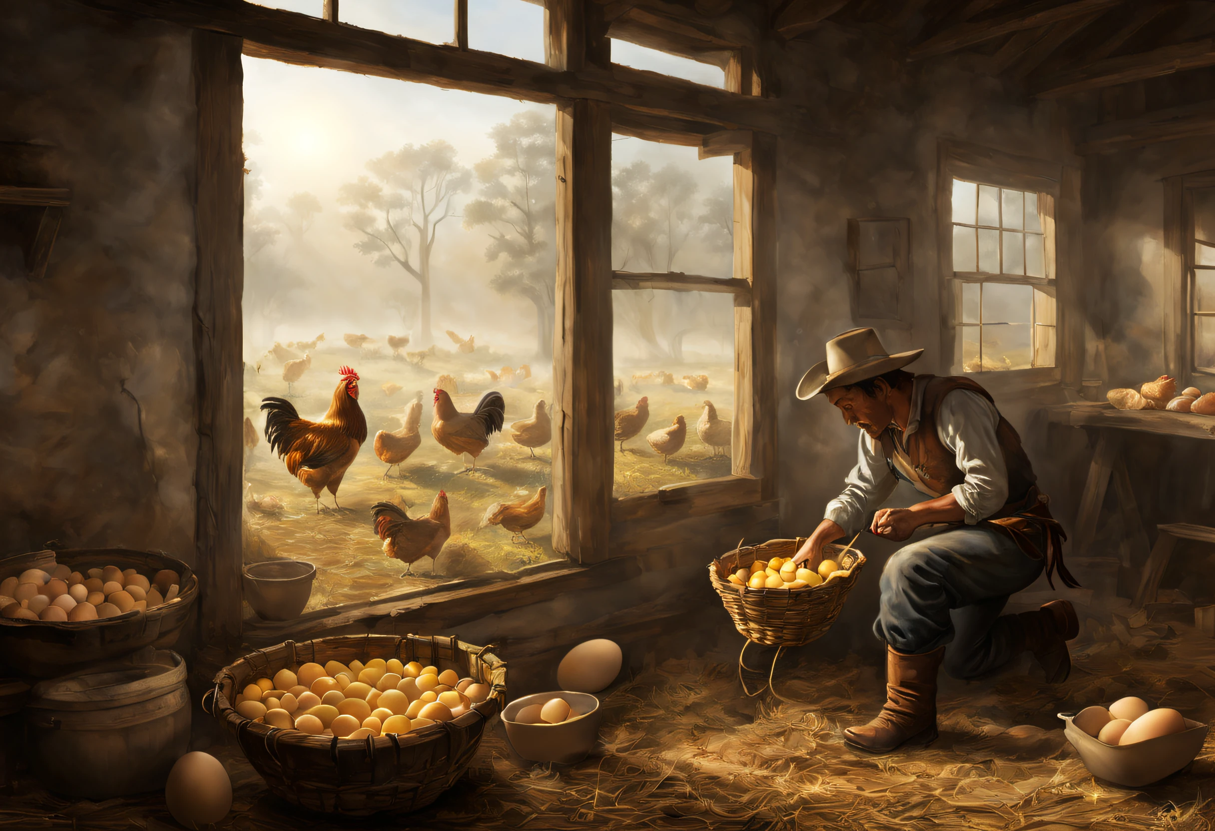 farm life, Wild West, Cowboy harvesting 10 chicken eggs, light shining through a small window, Volume Light:1.3, Fog, (masutepiece), (Best Quality), (ultra high detailed)