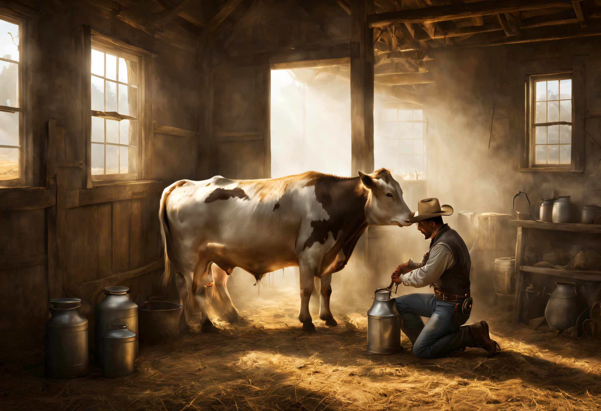 farm life, Wild West, Cowboy milking a cow in a barn, light shining through a small window, Volume Light:1.3, Fog, (masutepiece), (Best Quality), (ultra high detailed)