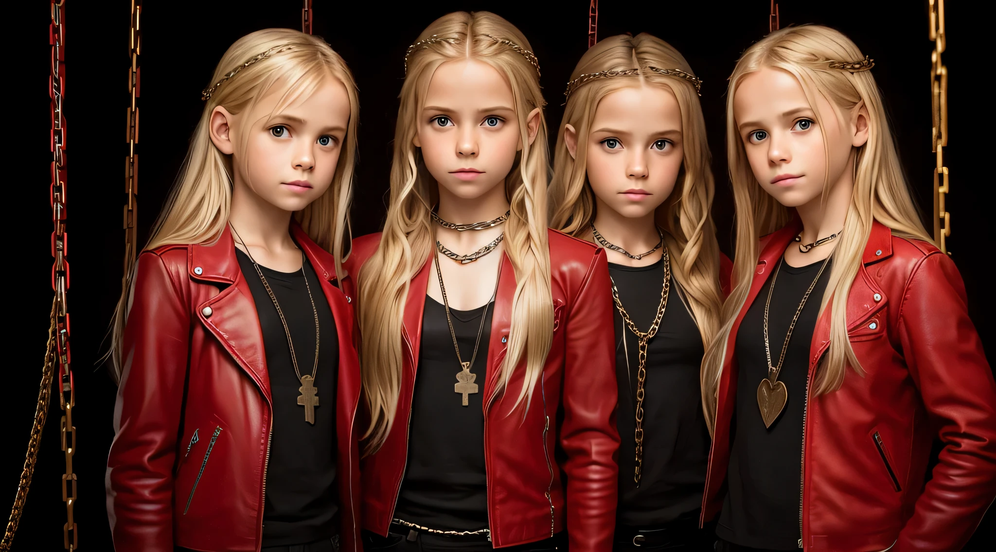 A half body, portrait of 3 girls German children long blonde hair of , red leather jackets, holding in their hands a cross, background of chains, chain, more chains, many chains, , red, red fire, many background flames.