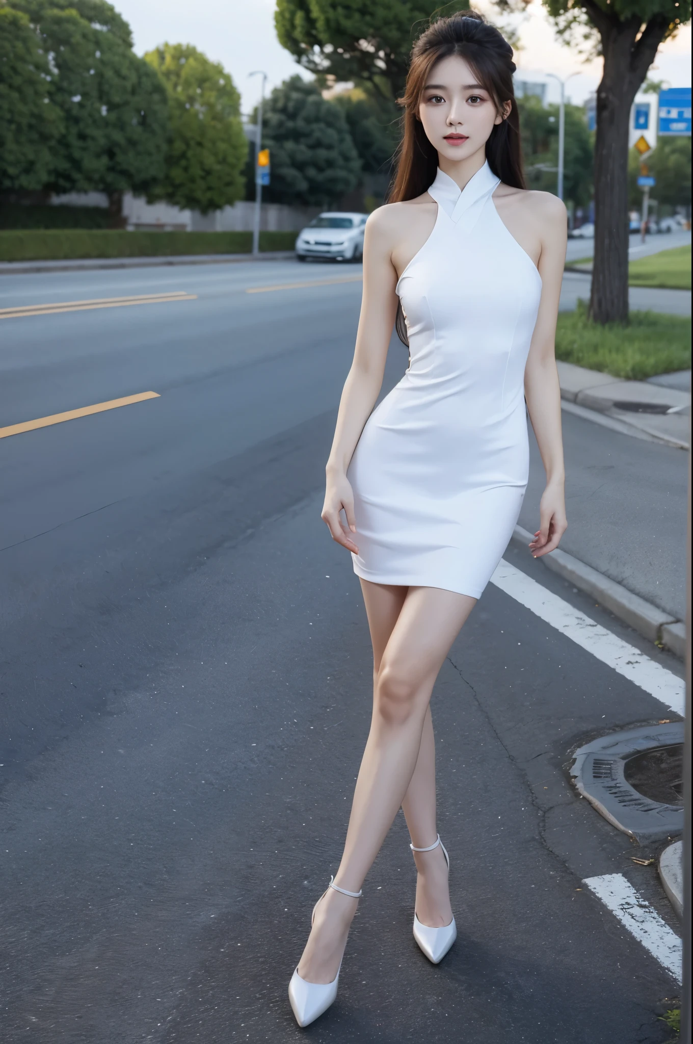 Best quality, Full body like,delicated face,Nice face,25-year-old woman,Slim figure,Smaller bust,slim dress,roadside exterior,long whitr hair