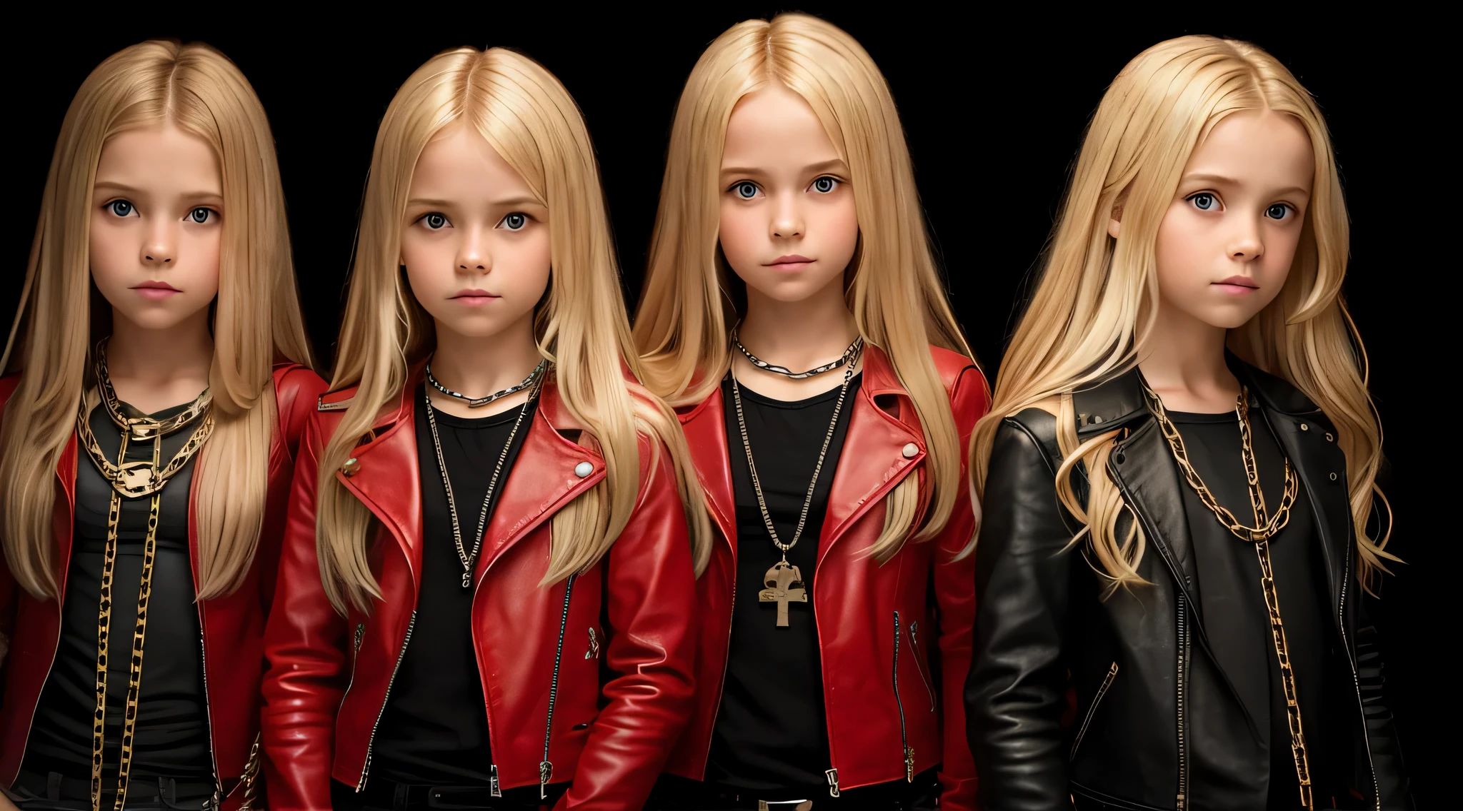 A half body, portrait of 3 girls German children long blonde hair of , red leather jackets, holding in their hands a cross, background of chains, chain, more chains, many chains, , red, red fire, many background flames.