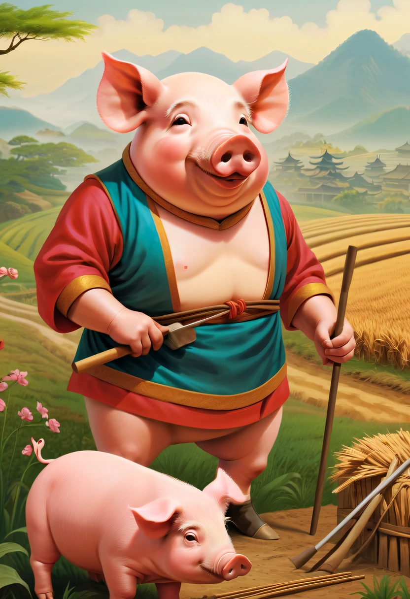 Farm life,Anthropomorphic pigs,ancient Chinese costume,Pigs working in the fields,tools