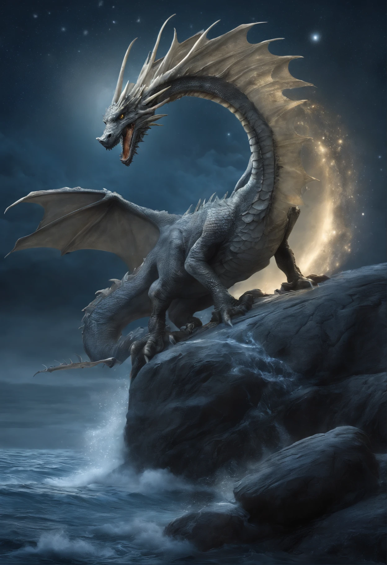 Huge gray sea winged dragon (anatomically correctly drawn body) , emerges from the starry ocean, lets out a fountain, full moon, a starry sky, Raging Ocean, Magnetic storms, Jean-Baptiste Monge, anthropomorphic --ar 2:3 --testp -optimistic;