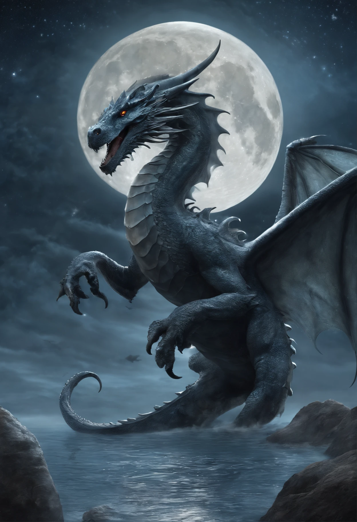 Huge gray sea winged dragon (anatomically correctly drawn body) , emerges from the starry ocean, lets out a fountain, full moon, a starry sky, Raging Ocean, Magnetic storms, Jean-Baptiste Monge, anthropomorphic --ar 2:3 --testp -optimistic;