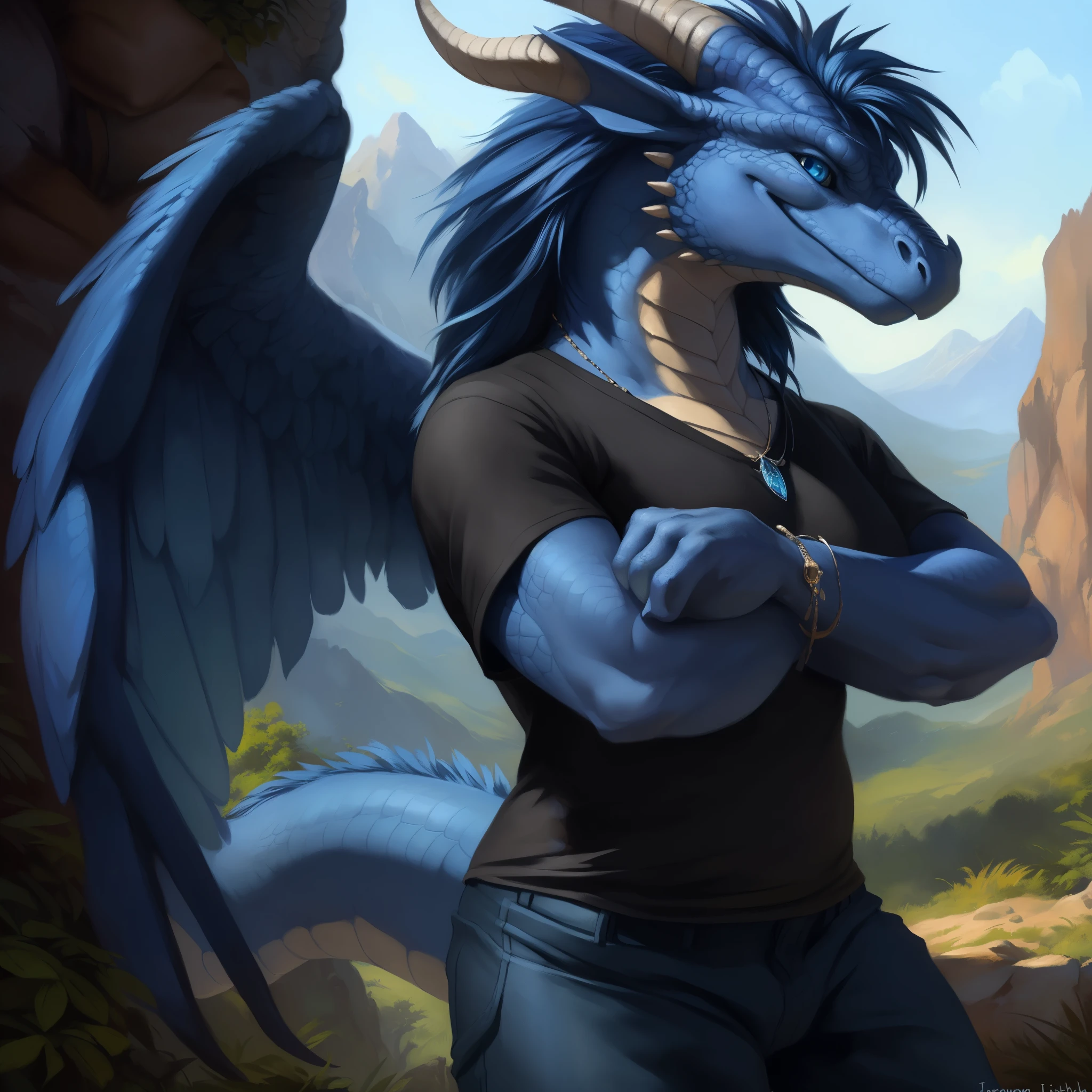 (((solo))), hd, a beautiful and detailed portrait of a big female feral scalie, dragon, saphira, golden skin, blue feathered wings, horn, (((medium breaths, black shirt, blue pants, jewlery, black shoes))) night, template, long hair, dragon hair (((blue hair))) scales, detailed scales, blue eyes (((Dragon eyes)), blue body, big body, big blue feathers, big blue scales, non-mammal breasts, membranous wings, sexy body, shrink body, tan_countershading, tan body, goddess, looking at viewer, kenket, Ross Tran,ruan jia, trending on artstation, foxovh, cenematic lighting, body, full body, looking at viewer, standing, smile, (((crossed arms))), valley, side view (((front shot))) solo