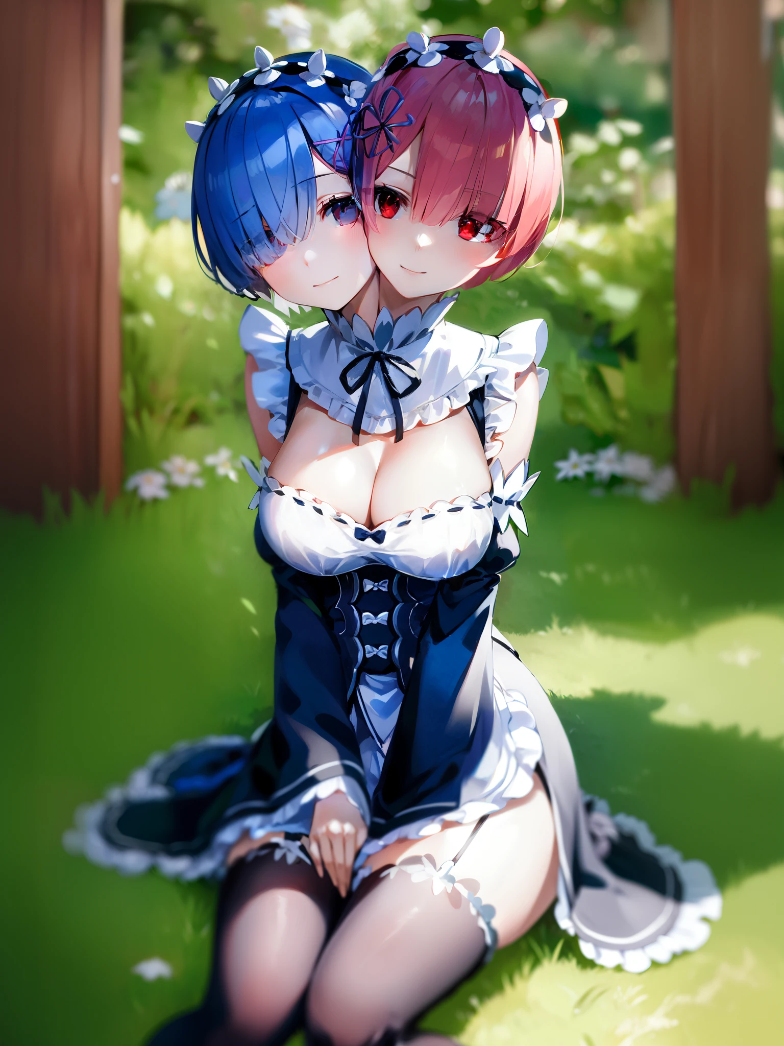 ram, hair flower, hair ornament, hair over one eye, pink hair, (red eyes:1.5), short hair, x hair ornament, bangs, blunt bangs,
apron, black bow, black dress, black ribbon, bow, detached sleeves, dress, fried apron, fried sleeves, frills, juliet sleeves, long sleeves, maid, neck ribbon, puffy sleeves, ribbon, roswaal mansion maid uniform, thighhighs, two -tone dress, waist apron, white bow, white dress, white thighhighs, evil smile