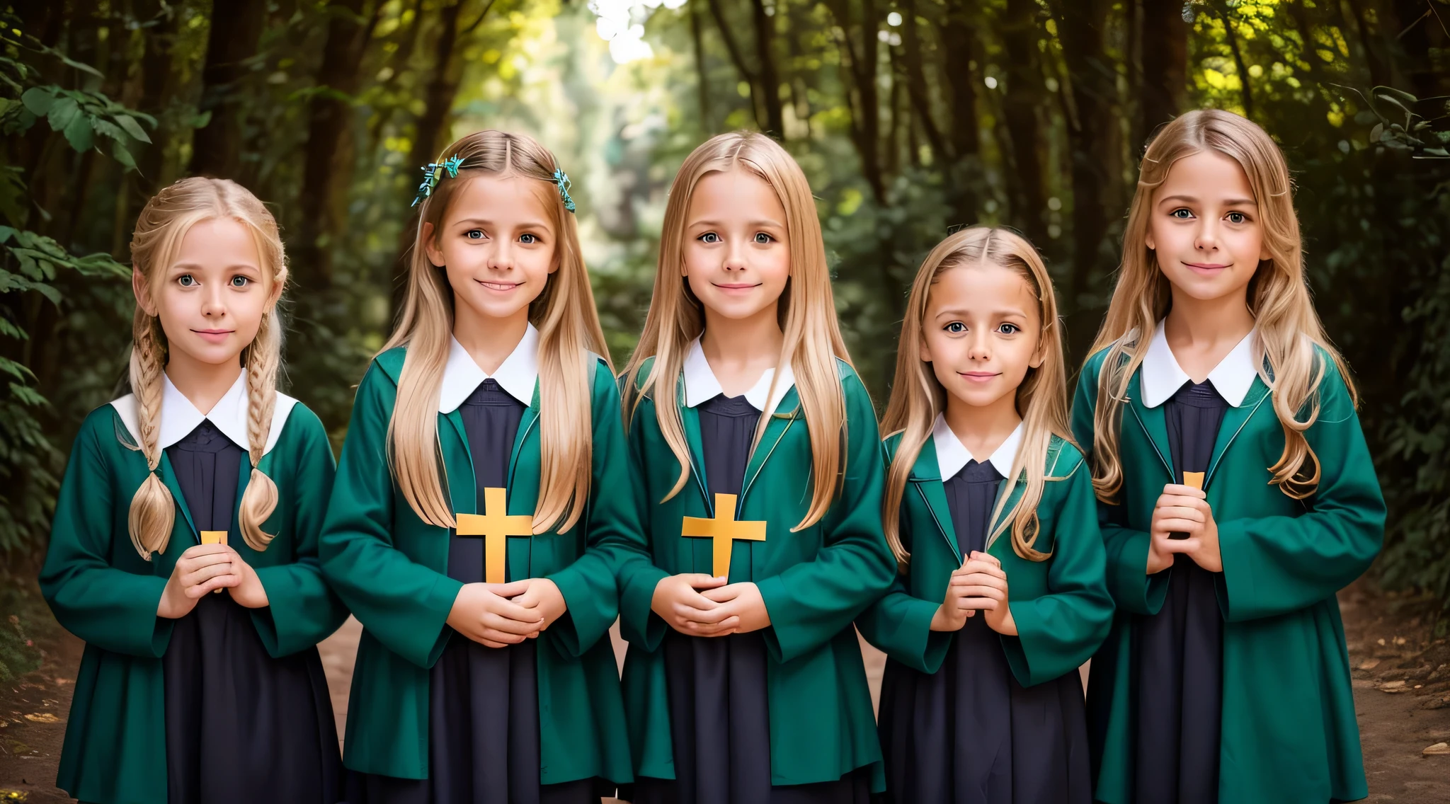 Um meio corpo, Portrait of 3 girls German  long blonde hair of 12 yearsas couro vermelhas, holding in his hands a cross, fundo de correntes, corrente, mais correntes , muitas correntes, , vermelhas, fogo vermelho, muitas chamas de fundo, VERDE LASER VERDE.