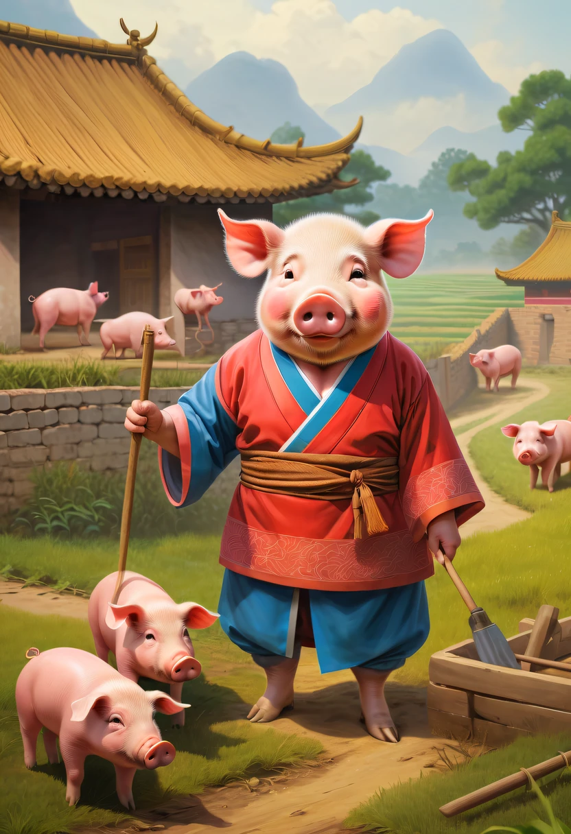 Farm life,Anthropomorphic pigs,ancient Chinese costume,Pigs working in the fields,tools