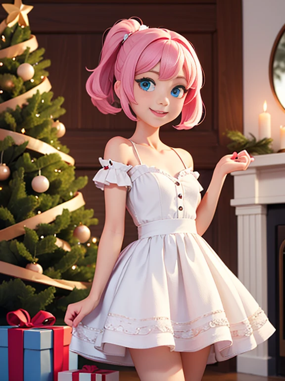 Super realistic 8K UHD image (((Masterpiece))), (((Best quality))), ((ultra definition)), of a beautiful and smiling 3d Disney girl, blue eyes. pink hair. little white dress, opening Christmas presents next to the tree in the living room, 1 excited girl, bright pretty face