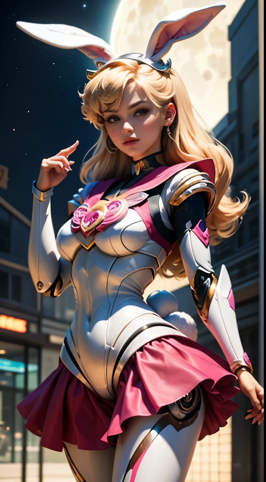 1 Mechanical Girl: 1.4, Sailor Moon, Gun, Mechanical Arm, Mechanical Body, Pink Sailor Suit, Good-looking Face, Sailor Moon, Moon Hare, Blonde Hair, Mechanical Arm, Pink Skirt, Random Pose, Heart-shaped Robot in the background, Glowing Hair