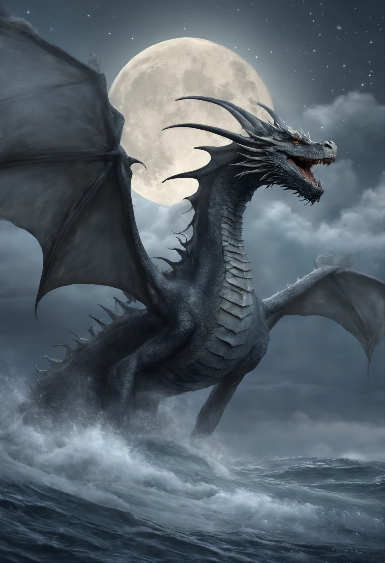 Huge gray sea winged dragon (anatomically correctly drawn body) , emerges from the starry ocean, lets out a fountain, full moon, a starry sky, Raging Ocean, Magnetic storms, Jean-Baptiste Monge, anthropomorphic --ar 2:3 --testp -optimistic;