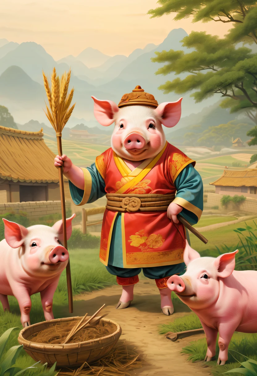 Farm life，Anthropomorphic pigs，ancient Chinese costume，Pigs working in the fields，Nail rake