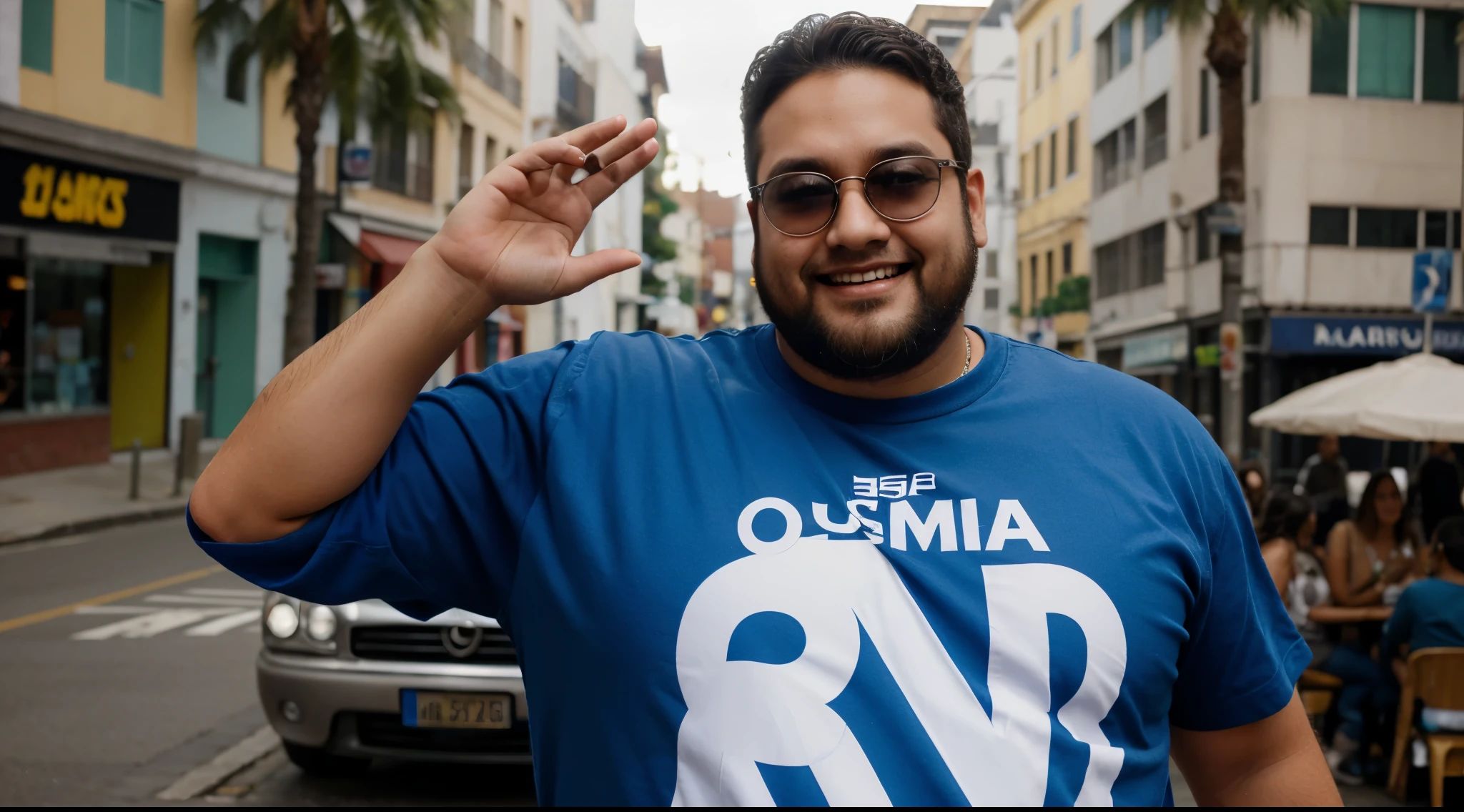 Um personagem pixar de cor morena/parda,
rosto pouco arredondado, usa oculos, possui
barba, esta afastado da camera de forma que
pegue o corpo inteiro. He's a little chubby,
pouca coisa. His shirt says &#39;Familia Martins&#39; and he is waving at the camera as a reporter. He is smiling and the features on his face are clear