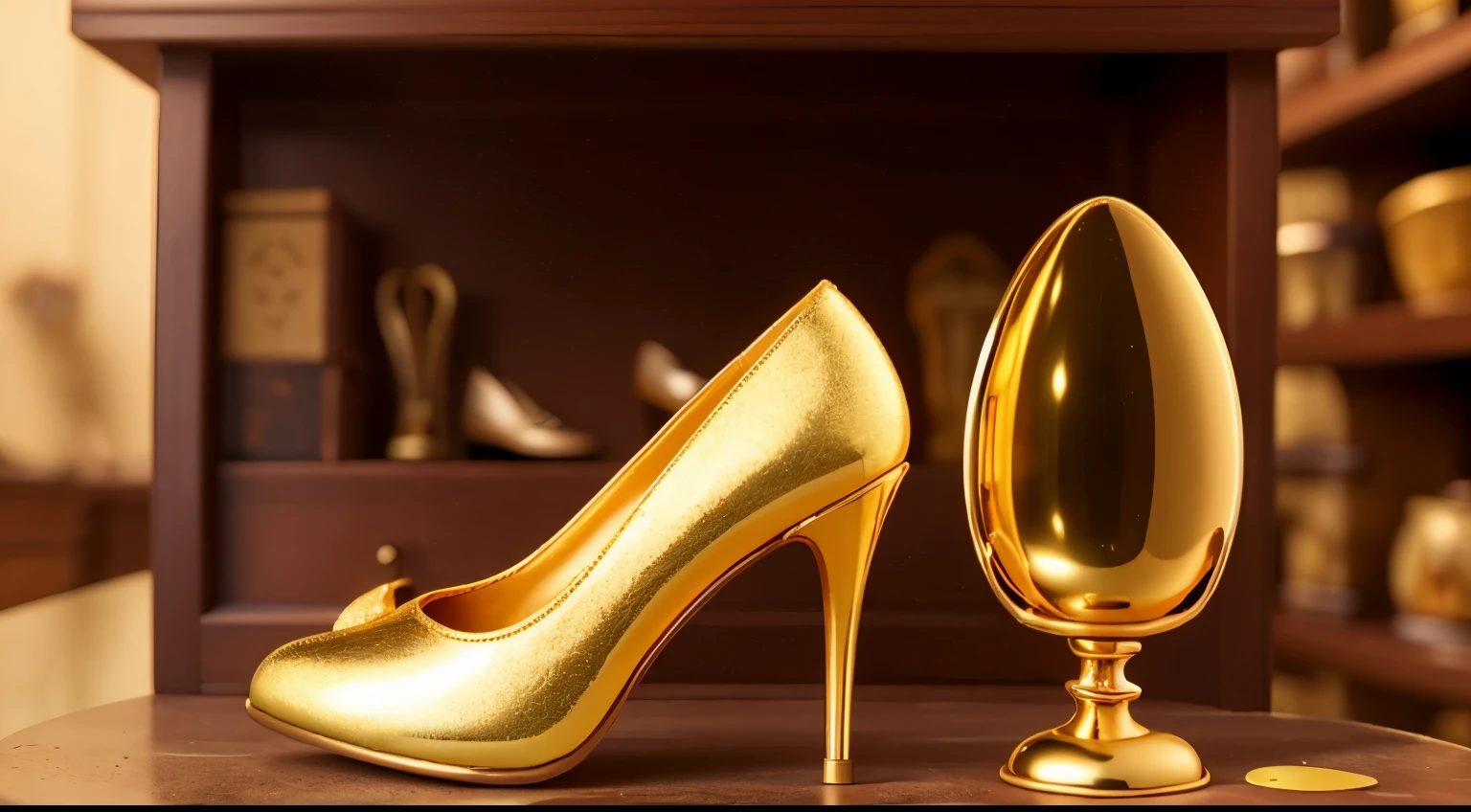 "A beautiful elegant Gold shoe is placed inside an oval glass case. In the background the castle