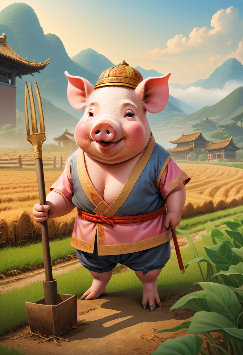 Farm life，Anthropomorphic pigs，ancient Chinese costume，Pigs working in the fields，tools
