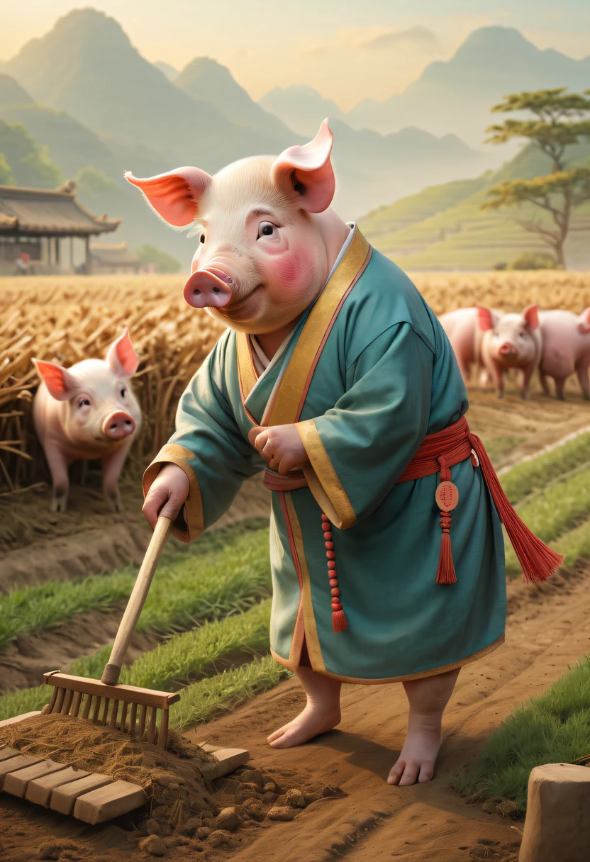 Farm life，Anthropomorphic pigs，ancient Chinese costume，Pigs working in the fields，Nail rake