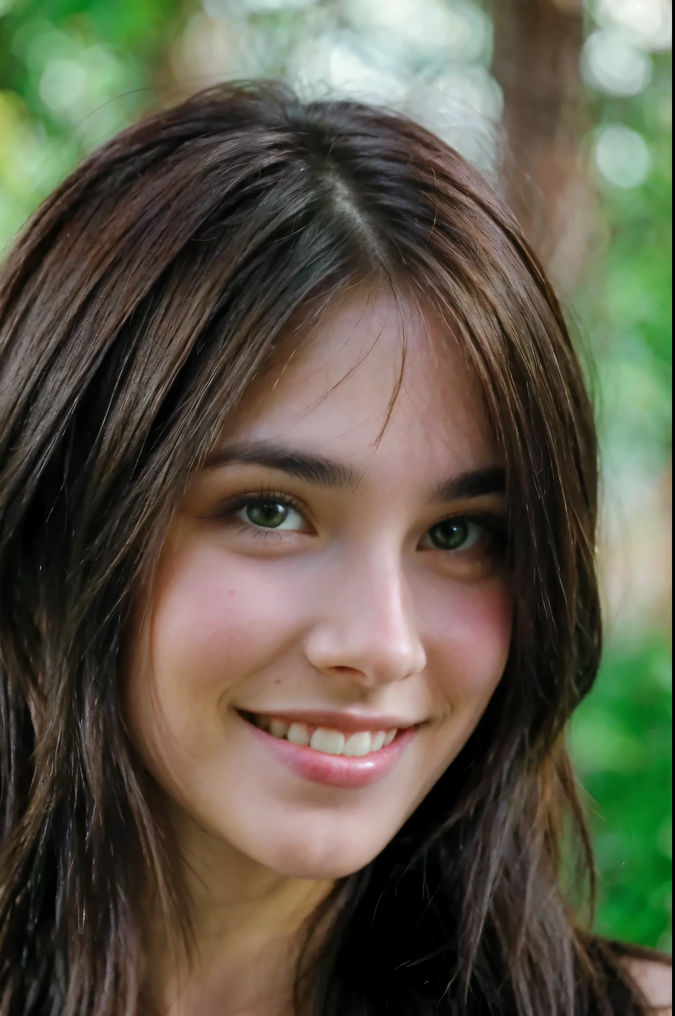Beautiful brunette smiling, green eyes, long hair, front face