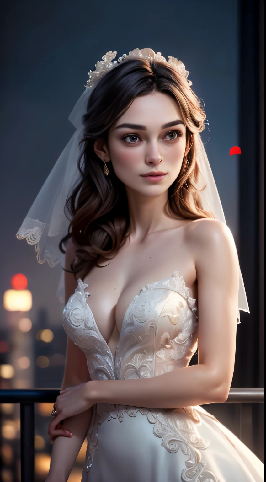 photo of Keira Knightley, RAW, beautiful woman, ((portrait)), ((detailed face:1.2)), ((detailed facial feature, detailed skin, clear skin), (perfect proportioned body, medium breasts), (wearing a wedding dress) (high detailed city environment, apartment balcony), (realistic photo, best quality, detailed), (8k wallpaper), (cinematic lighting, dramatic lighting) (sharp focus, intricate)