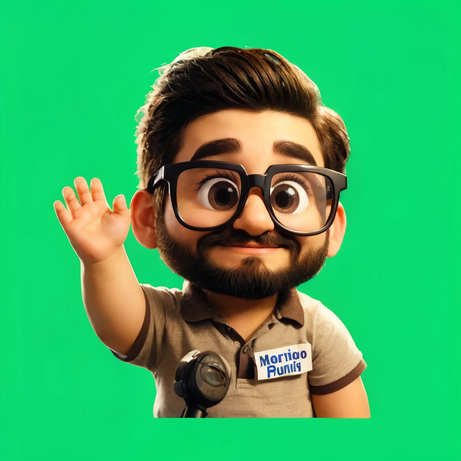 Um personagem pixar de cor morena/parda,
rosto pouco arredondado, usa oculos, possui
barba, esta afastado da camera de forma que
pegue o corpo inteiro. He's a little chubby,
pouca coisa. His shirt says &#39;Familia Martins&#39; and he is waving at the camera as a reporter. He is smiling and the features on his face are clear