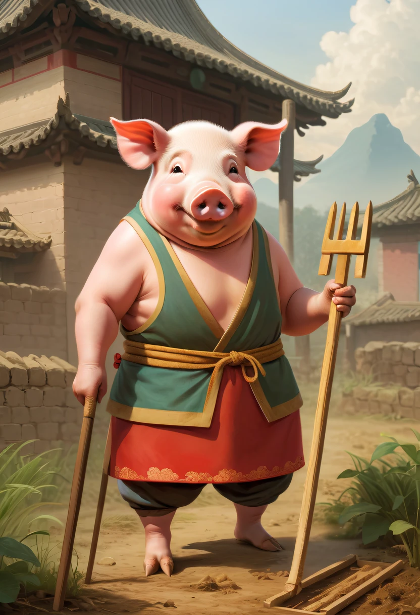 Farm life，Anthropomorphic pigs，ancient Chinese costume，Pigs working in the fields，Nail rake