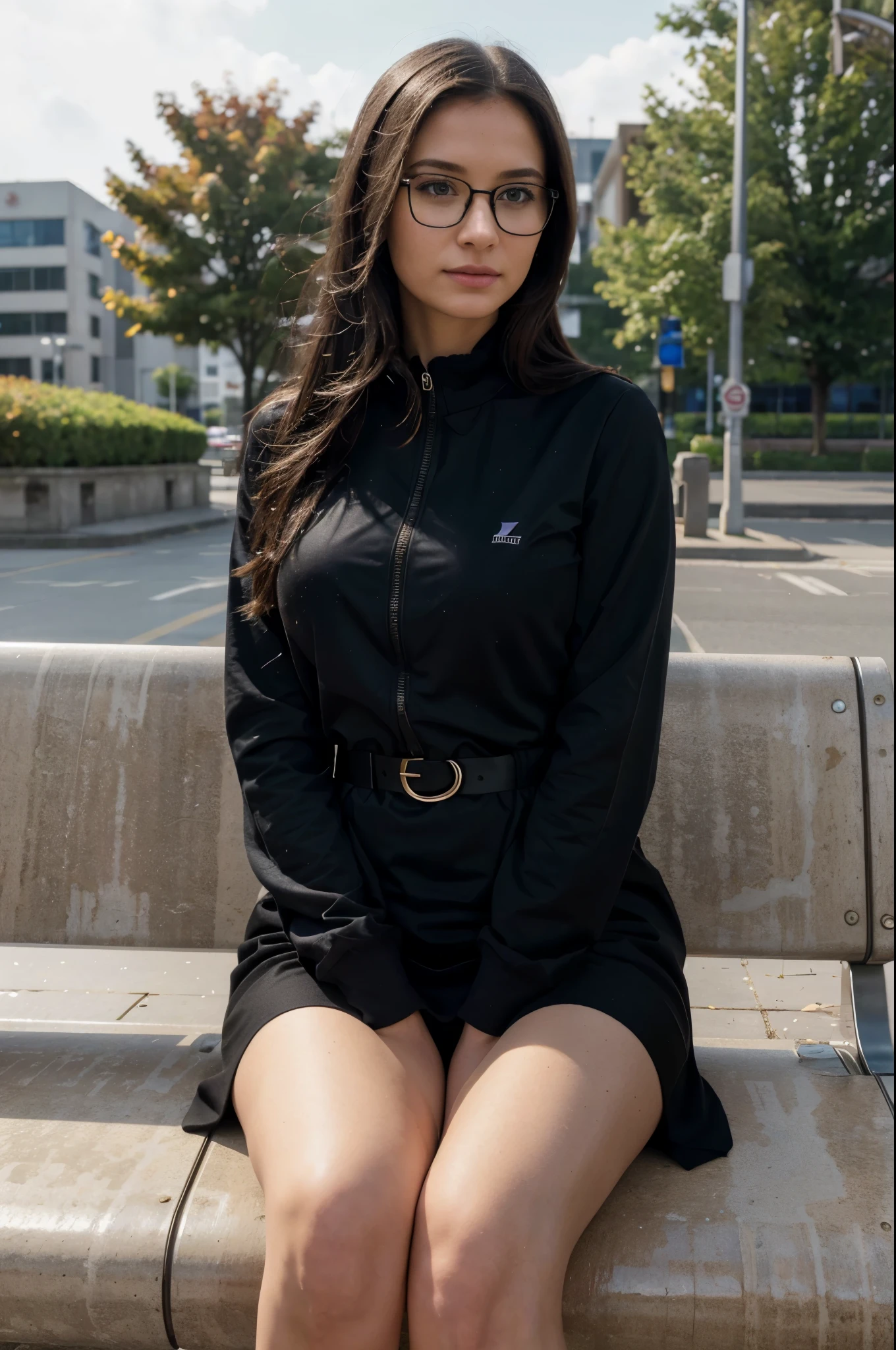 (best quality,4k,8k,highres,masterpiece:1.2),ultra-detailed,(realistic,photorealistic,photo-realistic:1.37),beautiful sexy caucasian skinny nerdy girl wearing glasses and polite stewardess outfit, costume zipper, black medium straight hair, windy waether, autumn, sitting on a bench near airport, elegance and classy, amazing lightning, detailed, award-winning