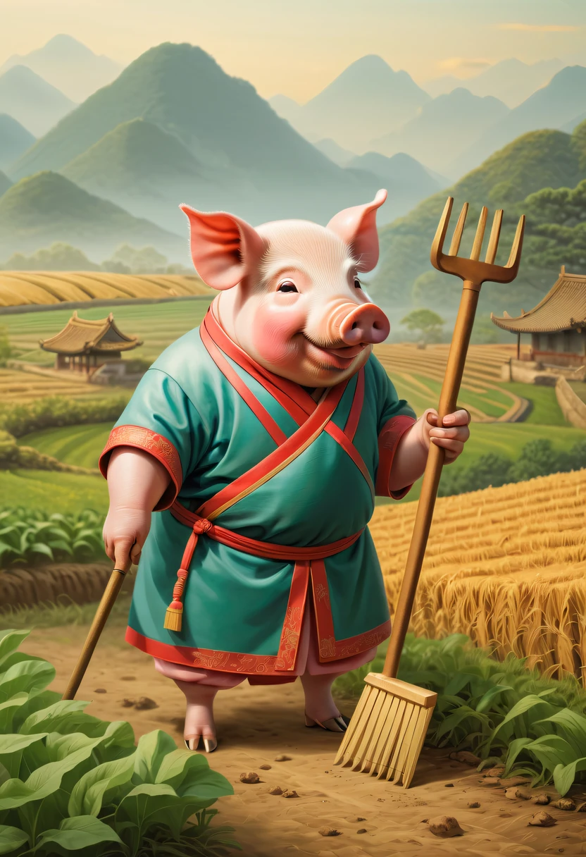 Farm life，Anthropomorphic pigs，ancient Chinese costume，Pigs working in the fields，Nail rake