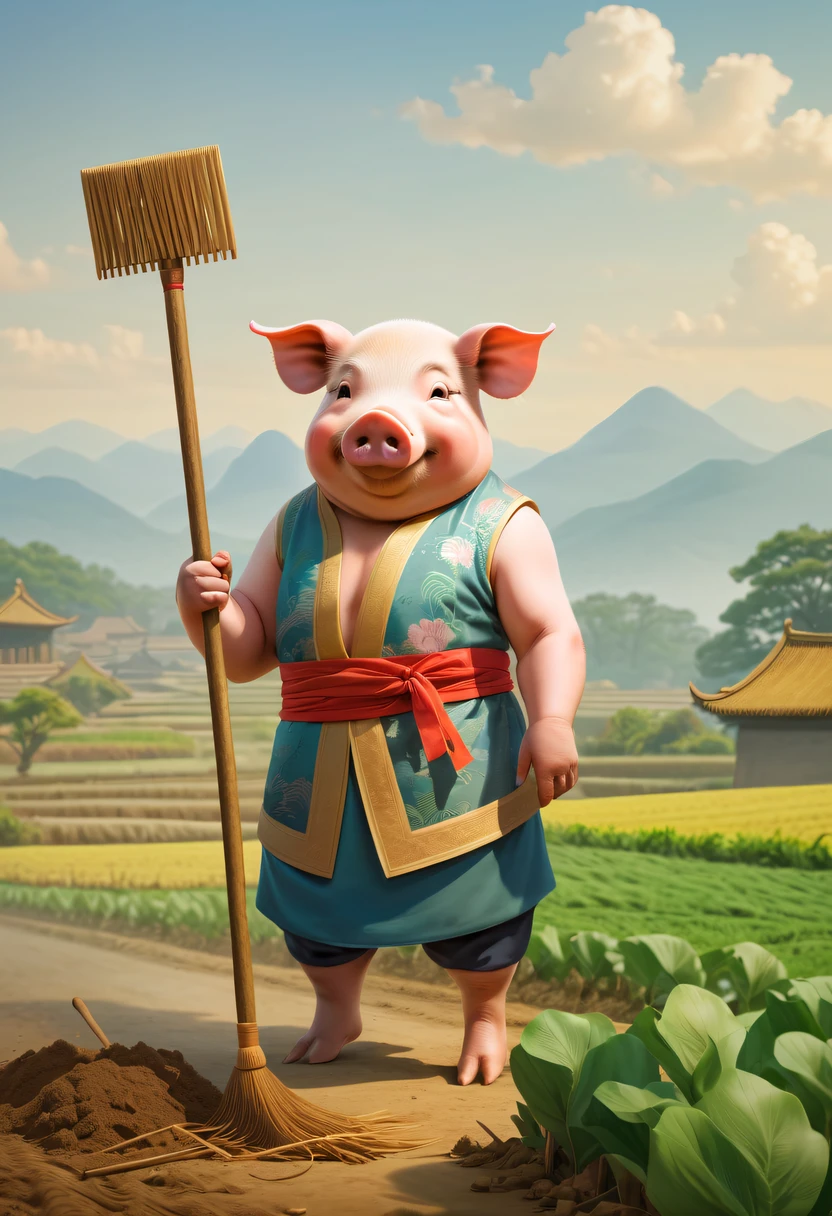 Farm life，Anthropomorphic pigs，ancient Chinese costume，Pigs working in the fields，Nail rake