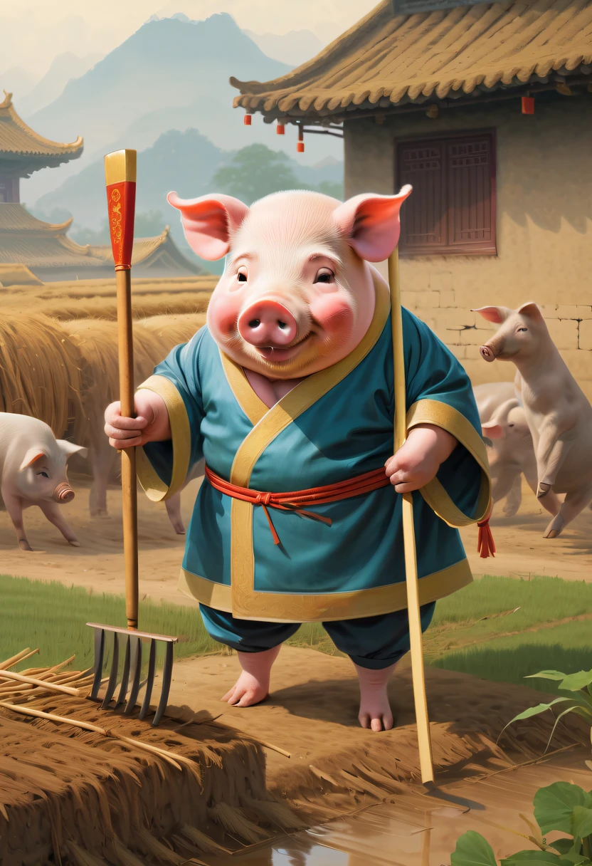 Farm life，Anthropomorphic pigs，ancient Chinese costume，Pigs working in the fields，Nail rake